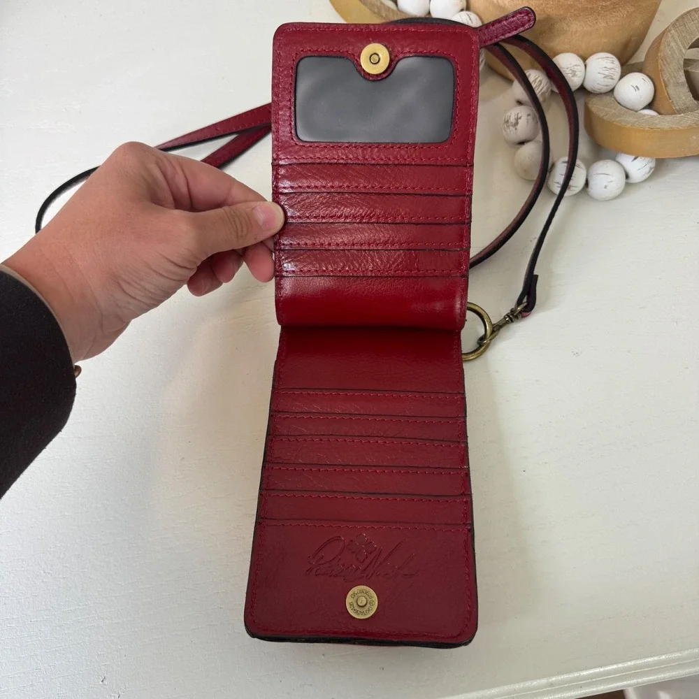 Patricia Nash Red Leather Floral Leaf Crossbody Phone Wallet Bag Antique Brass